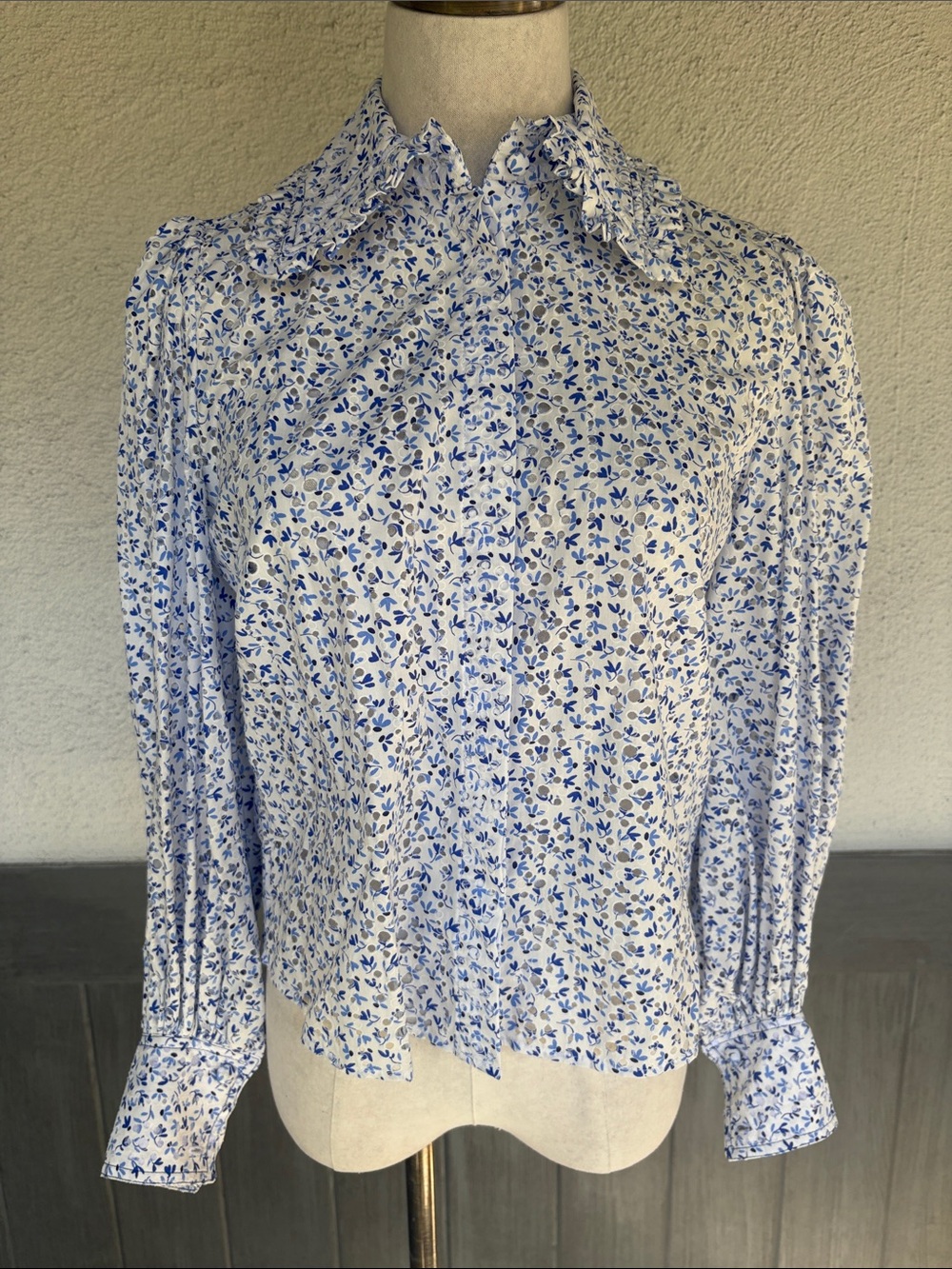Hunter Bell Blue Floral Eyelet Cotton Ruffle Button Down Blouse